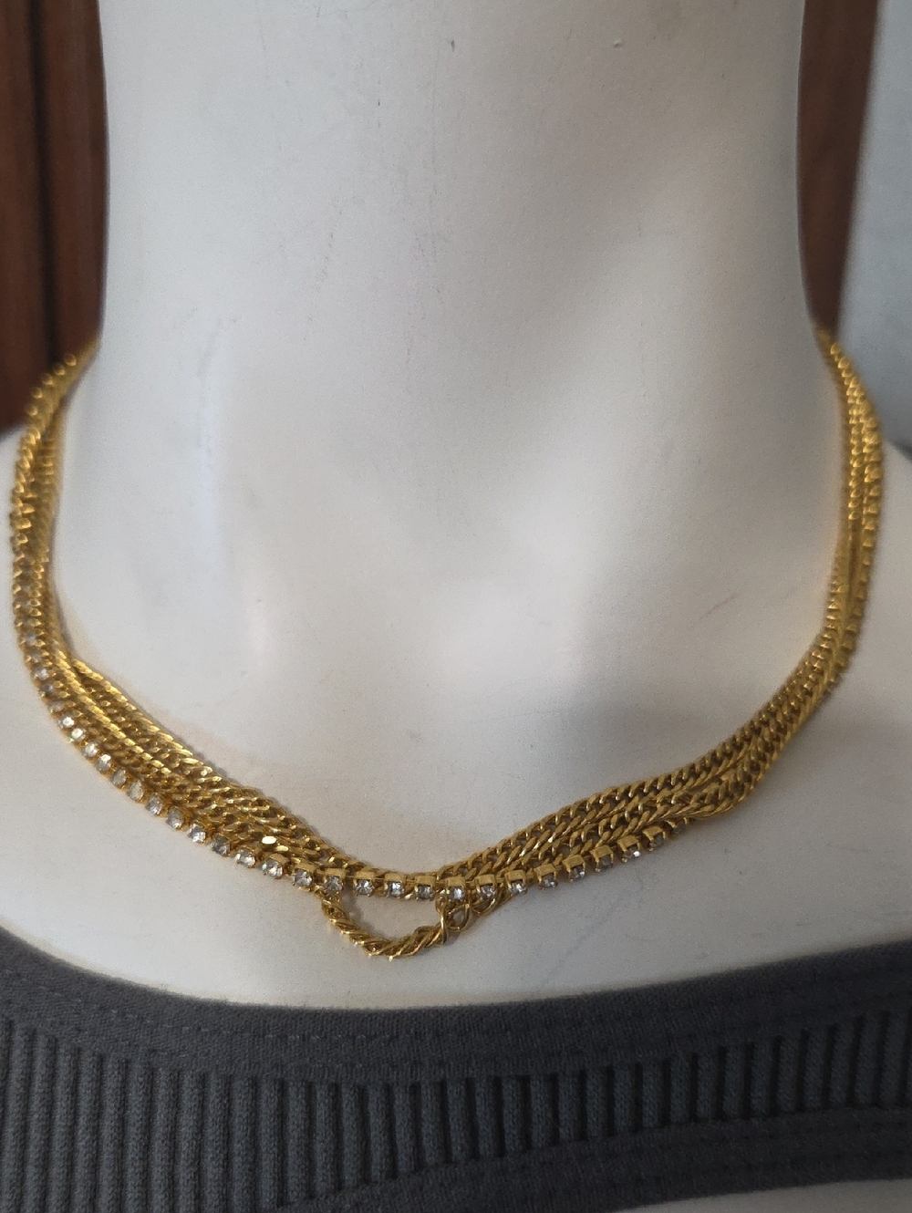 Gold Tone Multi Strand Layered Curb Chain Clear Rhinestone Tennis Choker Neckl.